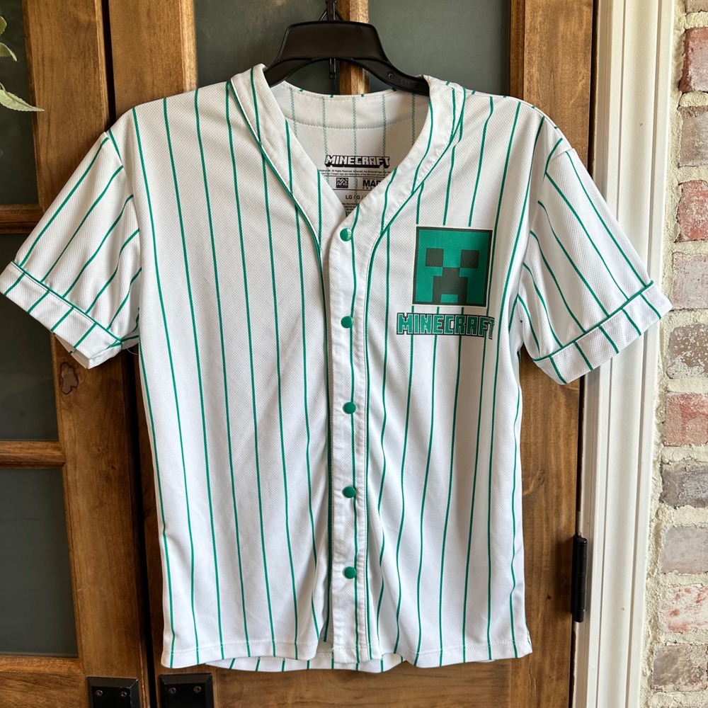 Minecraft Baseball Jersey Kids Large White‎ Green Pinstripe Creeper Snap Button